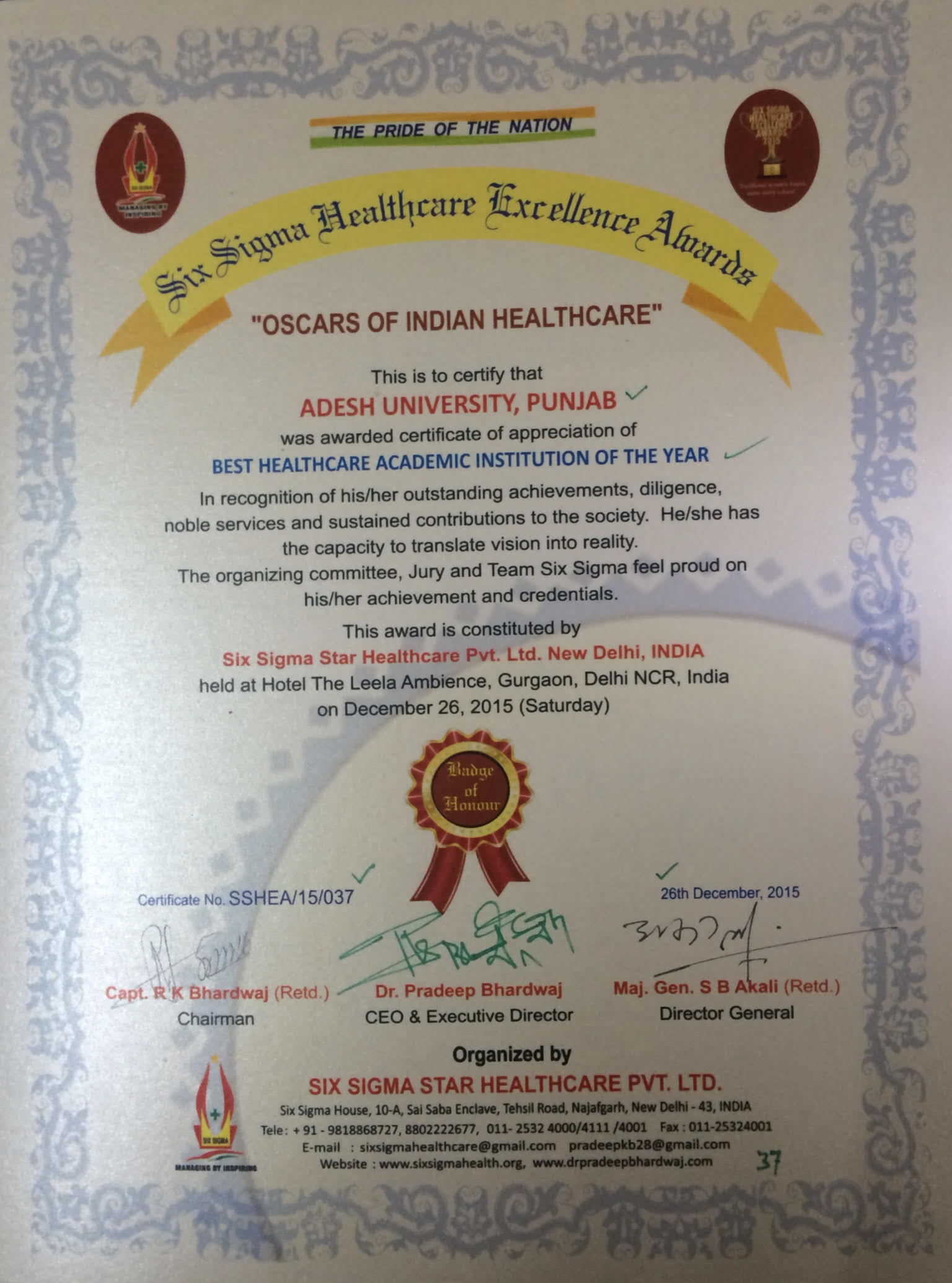 Six Sigma Healthcare Excellence Awards- Adesh University, Punjab 
