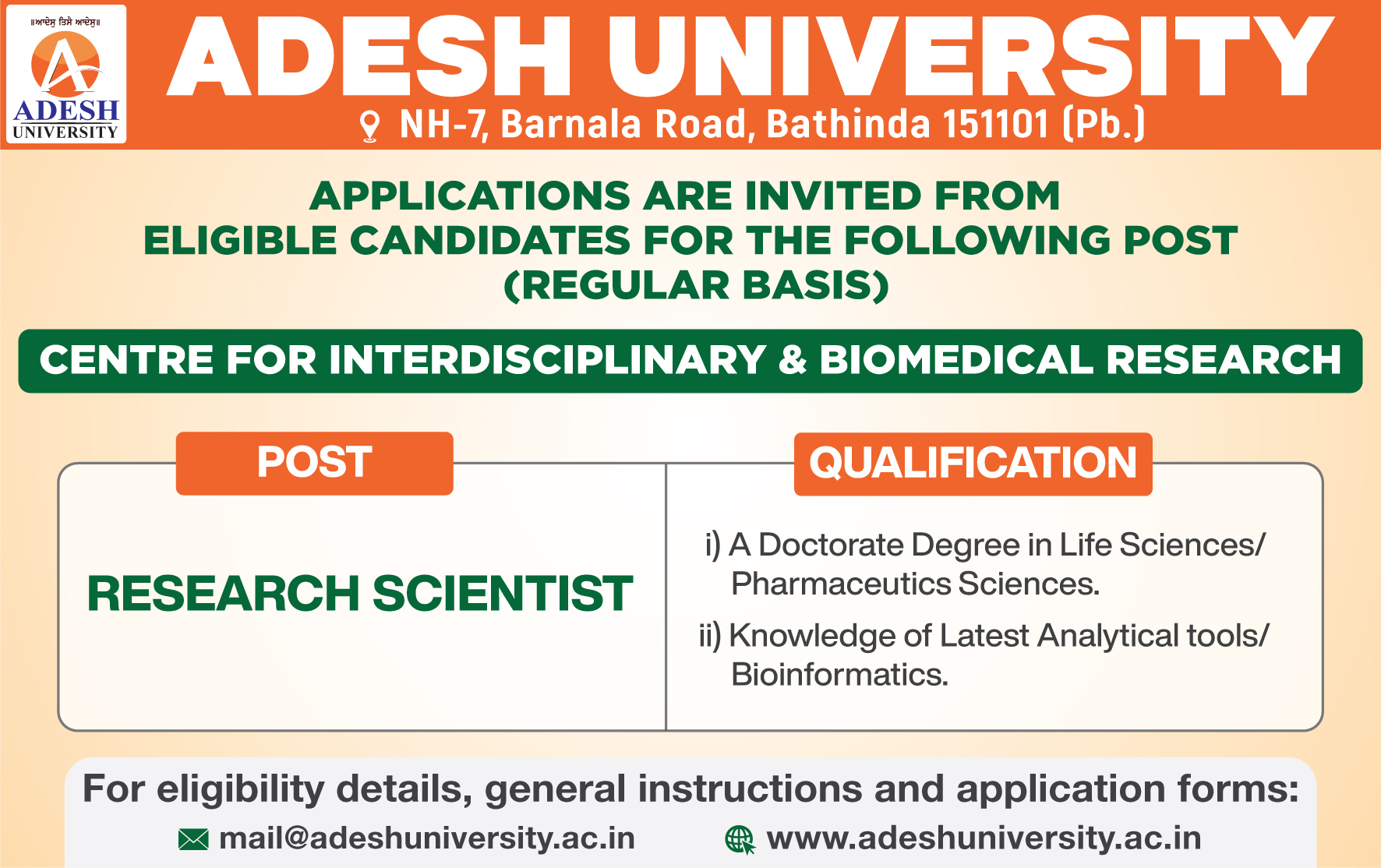 Applications are invited for the post of Research Scientist