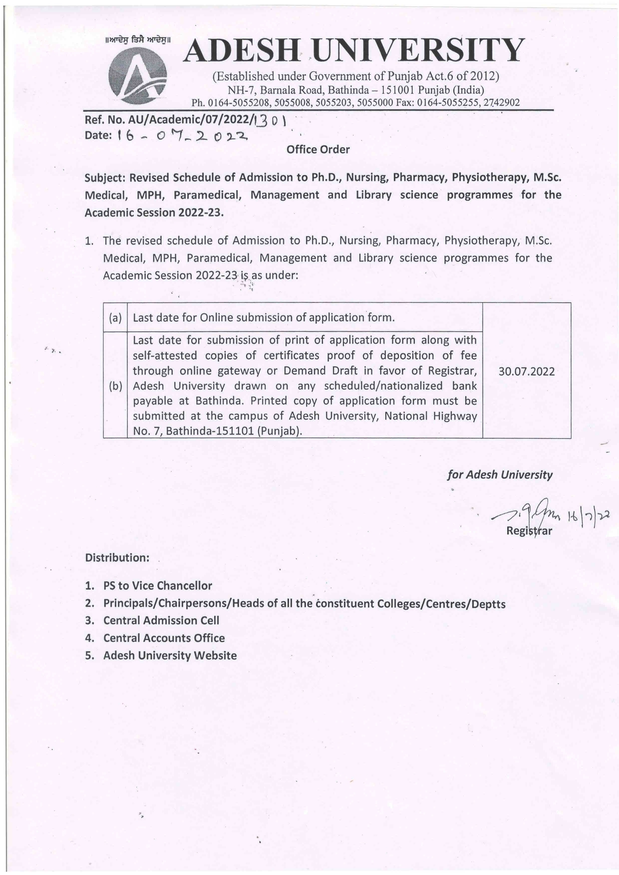 Revised Schedule of Admission to Ph.D., Nursing, Pharmacy, Physiotherapy, M.Sc. Medical, MPH, Paramedical, Management and Library science                              programmes for the Academic Session 2022-23