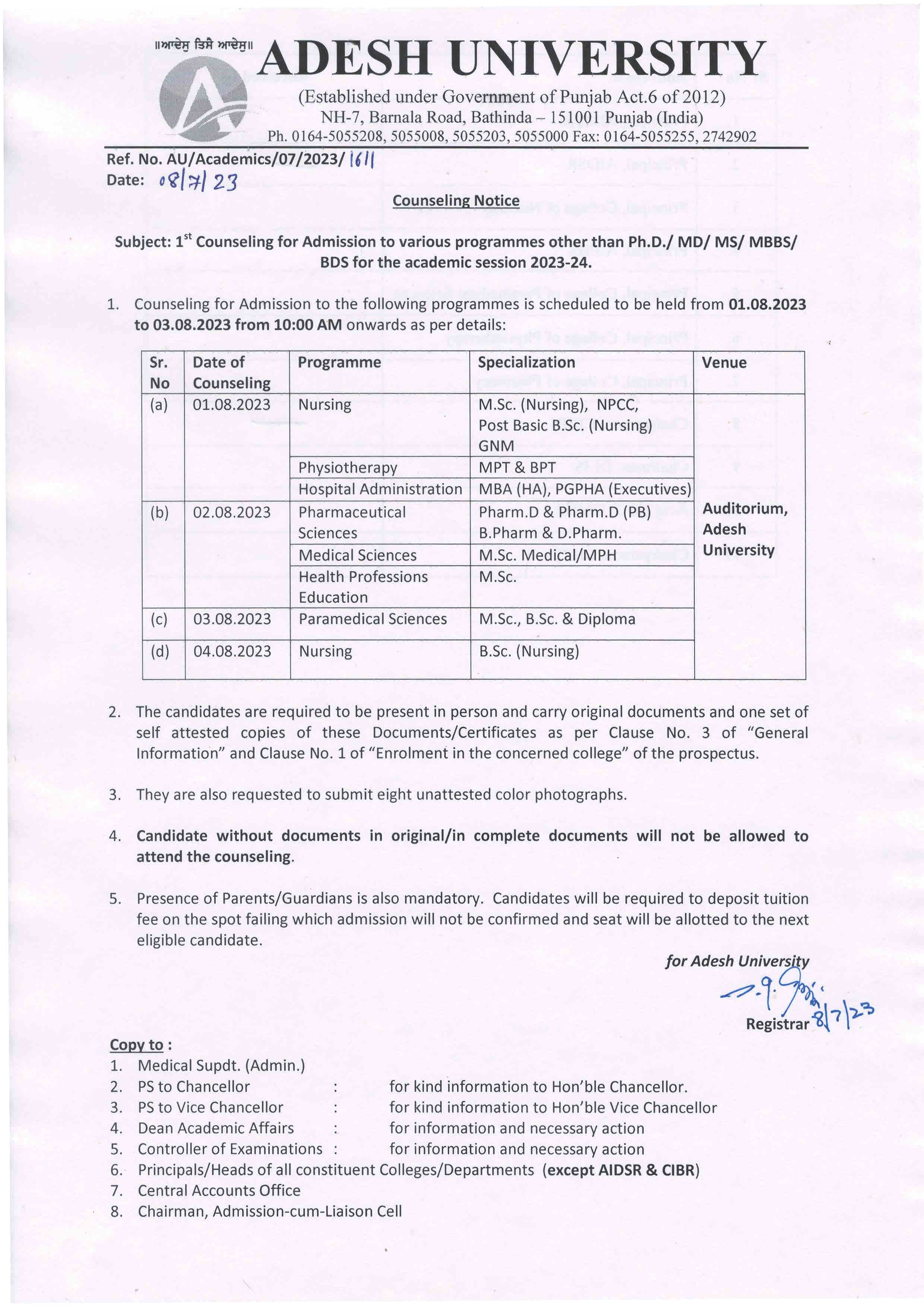 Counseling Notice for Admission to Various Programme 2023